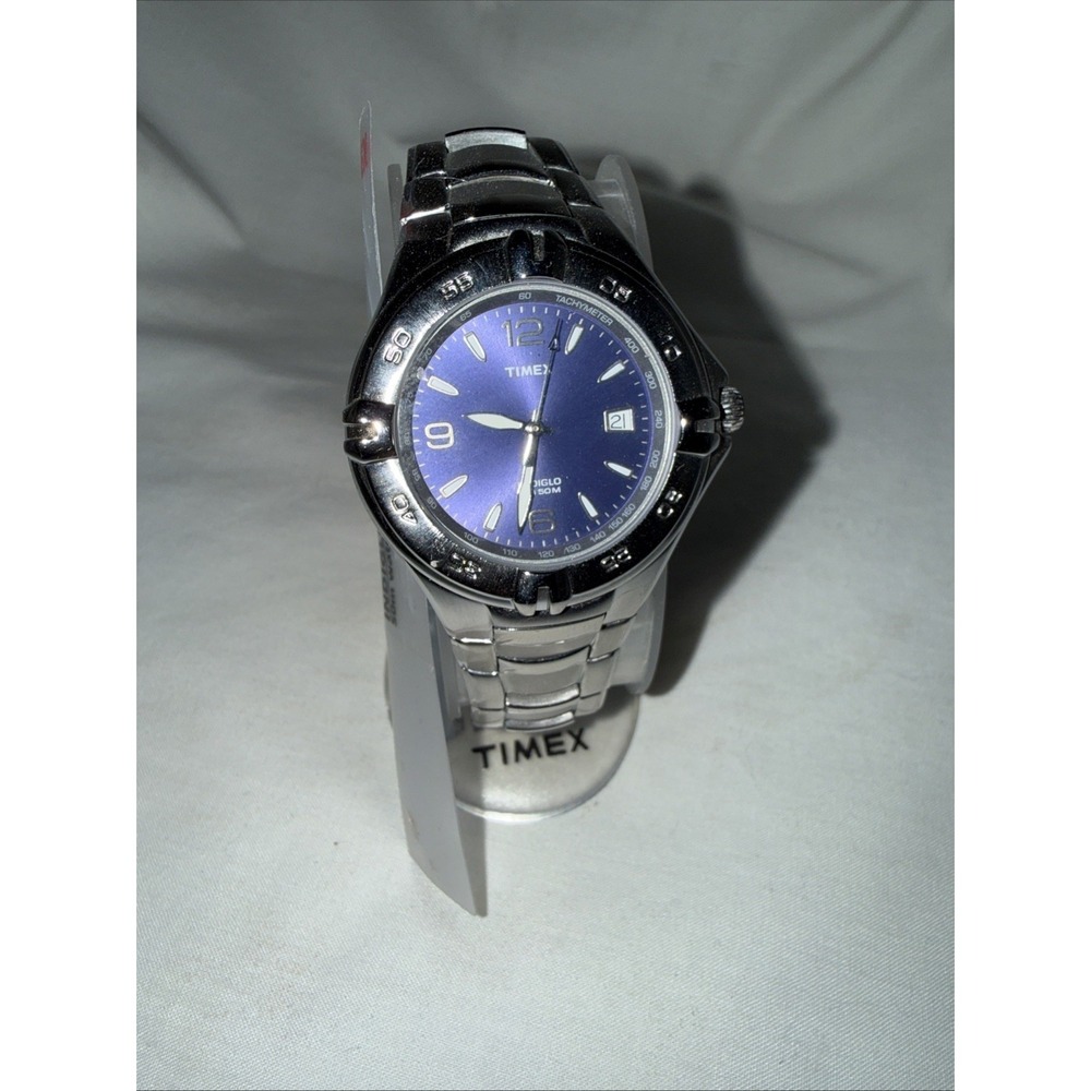 Timex Watch Men Indiglo 38mm Silver Tone Date Blue Dial Vintage Brand New